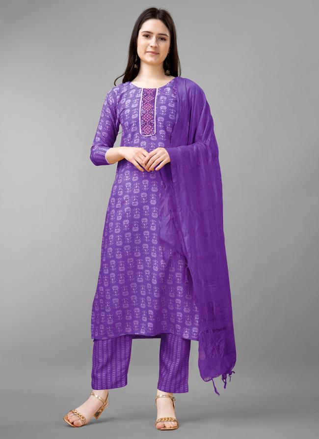 Rayon Purple Casual Wear Embroidery Work Readymade Salwar Suit